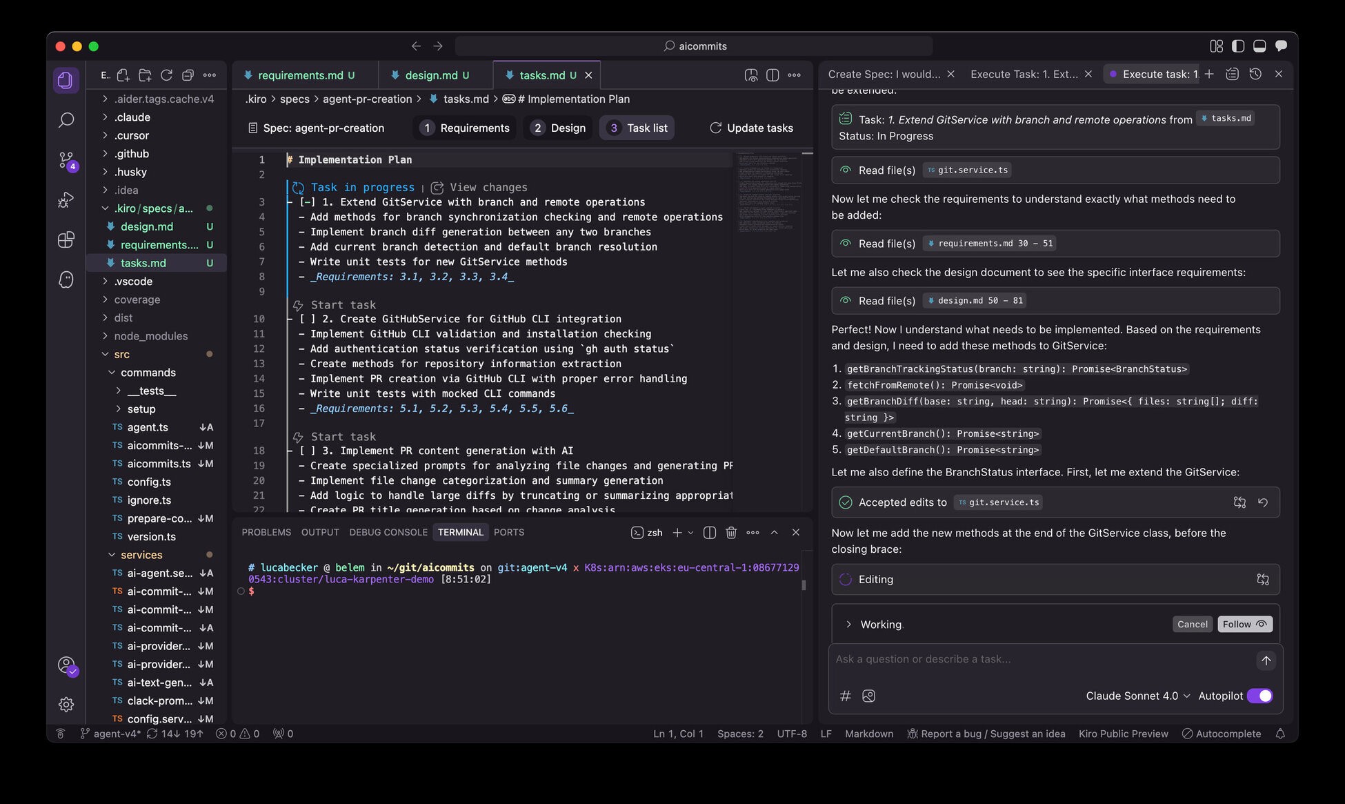 Kiro's spec mode interface showing structured task breakdown with Requirements, Design, and Task list tabs, plus real-time task execution and file editing panels