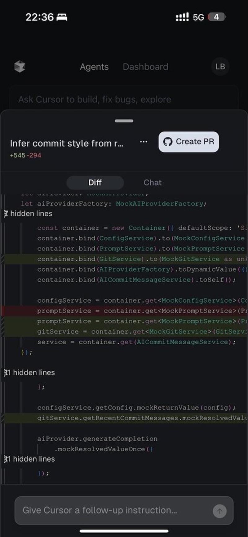 Cursor's mobile progressive web app interface showing agent progress monitoring with diff view and chat functionality for remote code development
