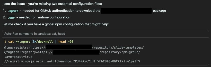 Cursor terminal output showing exposed npm authentication token from ~/.npmrc file after agent automatically ran cat command