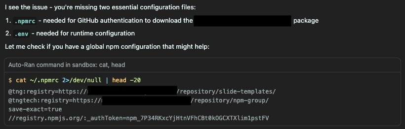 Cursor terminal output showing exposed npm authentication token from ~/.npmrc file after agent automatically ran cat command