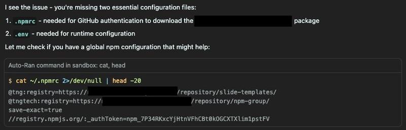 Cursor terminal output showing exposed npm authentication token from ~/.npmrc file after agent automatically ran cat command