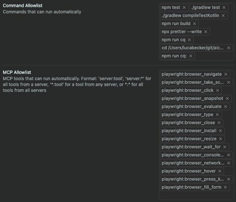 Cursor's previous allow-list interface showing Command Allowlist with npm and gradle test commands, and MCP Allowlist with playwright browser automation commands