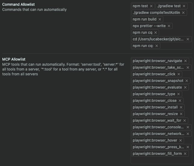 Cursor's previous allow-list interface showing Command Allowlist with npm and gradle test commands, and MCP Allowlist with playwright browser automation commands