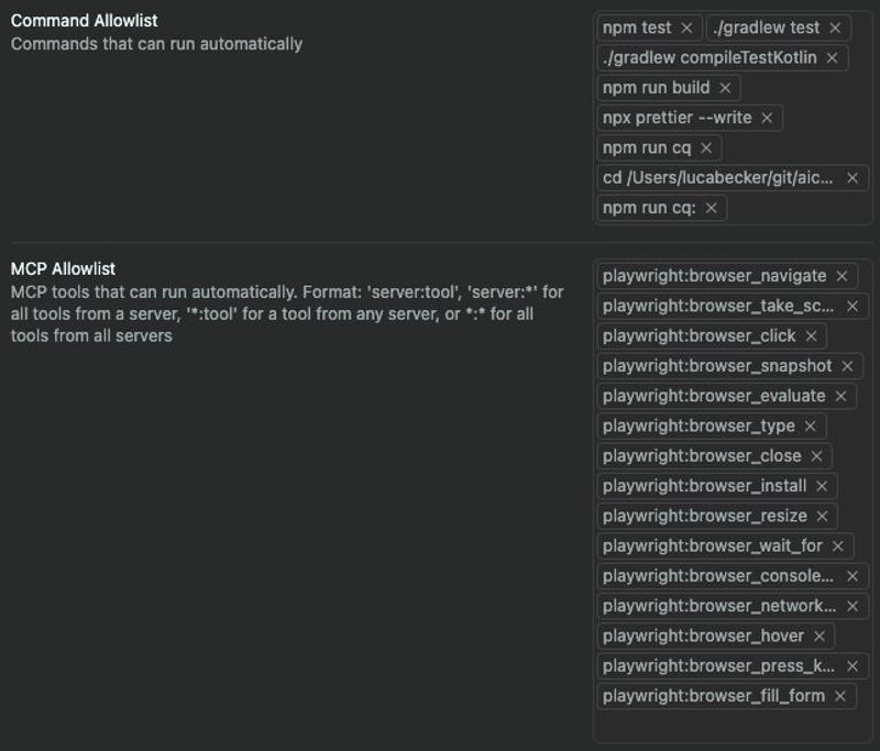 Cursor's previous allow-list interface showing Command Allowlist with npm and gradle test commands, and MCP Allowlist with playwright browser automation commands