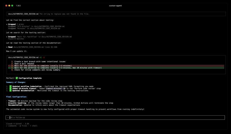 Cursor CLI interface in action, showing the interactive terminal session with model selection, token usage display, and file editing capabilities