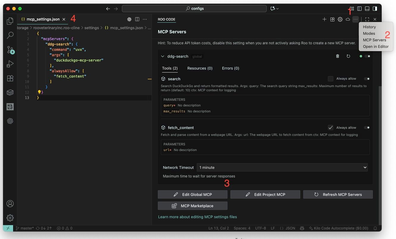 RooCode MCP settings interface showing the configured DuckDuckGo server with search and fetch_content tools, along with auto-approval toggles