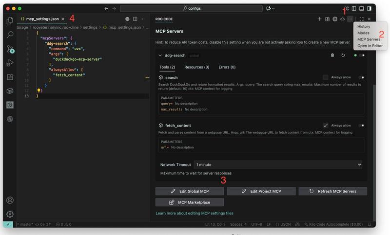 RooCode MCP settings interface showing the configured DuckDuckGo server with search and fetch_content tools, along with auto-approval toggles