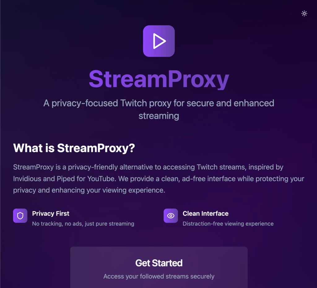StreamProxy app homepage showing modern, professional design with clean purple gradient background, featuring privacy-focused Twitch streaming with clean interface and distraction-free viewing experience