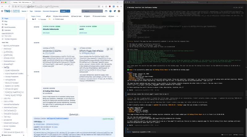 OpenCode conversation with GLM-4.7 showing the Confluence MCP server in action, with the TechDay page visible in the background