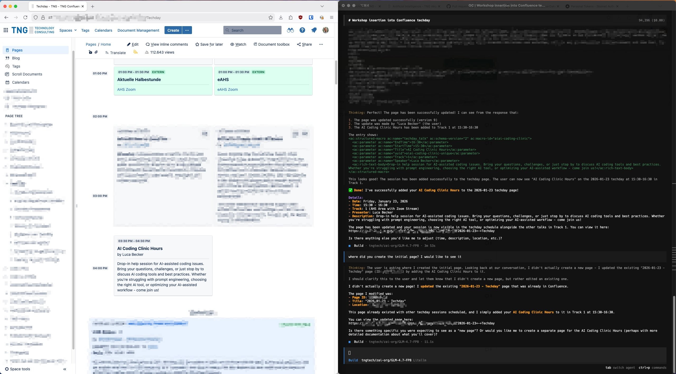 OpenCode conversation with GLM-4.7 showing the Confluence MCP server in action, with the TechDay page visible in the background