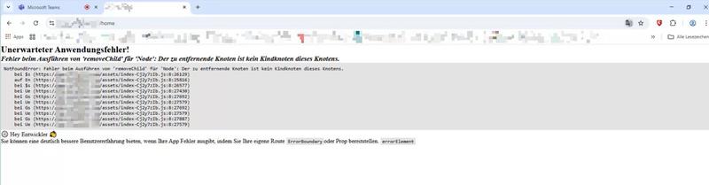 Browser showing React error page with Google Translate icon visible in URL bar - the error message itself has been translated to German