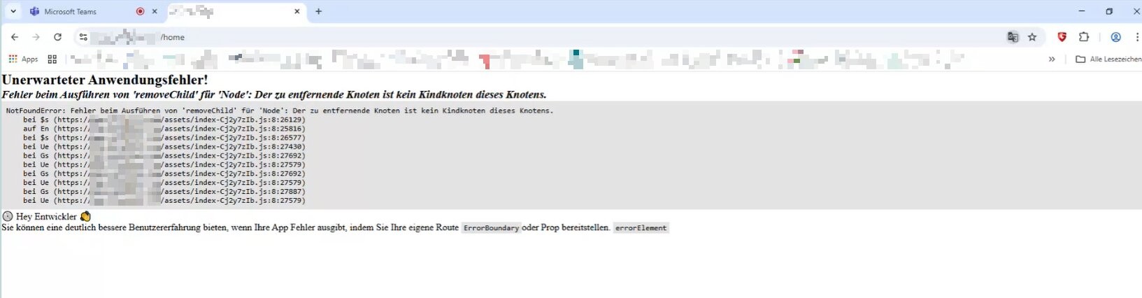 Browser showing React error page with Google Translate icon visible in URL bar - the error message itself has been translated to German