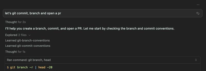 Cursor interface showing the agent learning git-branch-conventions and git-commit-conventions skills when executing the workflow